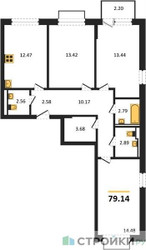 Планировка трехкомнатной(квартира) площадью 79.14 квадратных метров в ЖК “ЖК Новое Внуково”