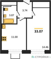 Планировка однокомнатной(квартира) площадью 33.07 квадратных метров в “ЖК Подольские кварталы”