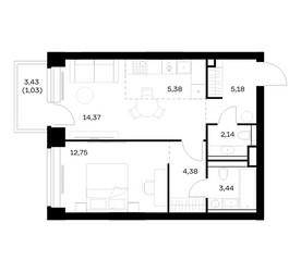 Планировка однокомнатной(квартира) площадью 48.67 квадратных метров в ЖК “ЖК НОВА”