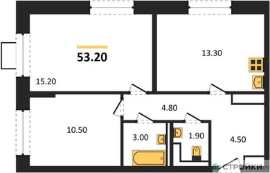 Планировка двухкомнатной(квартира) площадью 53.2 квадратных метров в ЖК “ЖК Мытищи Парк”