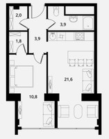 Планировка однокомнатной(апартаменты) площадью 44 квадратных метров в “ЖК Клубный Дом на Пришвина”