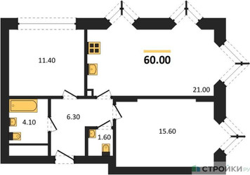 Планировка двухкомнатной(квартира) площадью 60 квадратных метров в ЖК “ЖК Вейв”