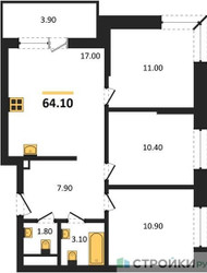 Планировка трехкомнатной(квартира) площадью 63.2 квадратных метров в ЖК “ЖК Одинцовские кварталы”