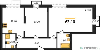 Планировка двухкомнатной(квартира) площадью 62.1 квадратных метров в “ЖК Легенда Марусино”