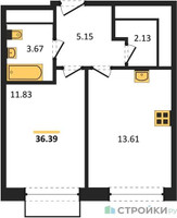 Планировка однокомнатной(квартира) площадью 36.39 квадратных метров в “ЖК Новоград Павлино”
