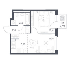 Планировка однокомнатной(квартира) площадью 33.94 квадратных метров в ЖК “ЖК Новое Видное”
