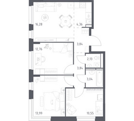 Планировка трехкомнатной(квартира) площадью 70.79 квадратных метров в ЖК “ЖК Прибрежный Парк”