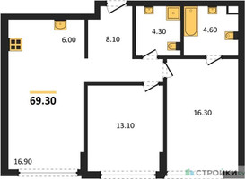 Планировка двухкомнатной(квартира) площадью 69.3 квадратных метров в “ЖК River Park Кутузовский (Ривер Парк Тауэрс)”