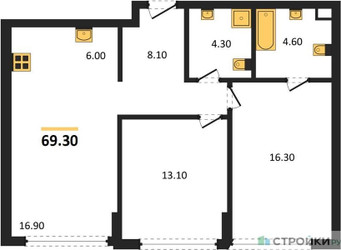 Планировка двухкомнатной(квартира) площадью 69.3 квадратных метров в ЖК “ЖК River Park Кутузовский (Ривер Парк Тауэрс)”