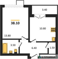 Планировка однокомнатной(квартира) площадью 38.1 квадратных метров в “ЖК 1-й Южный (Первый Южный)”
