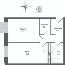 Планировка однокомнатной(квартира) площадью 43.2 квадратных метров в ЖК “ЖК КИНОКВАРТАЛ”