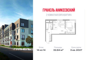 Планировка двухкомнатной(квартира) площадью 32.84 квадратных метров в “ЖК Аникеевский”