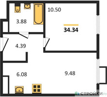 Планировка однокомнатной(квартира) площадью 34.34 квадратных метров в “ЖК Пятницкие луга”