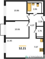 Планировка двухкомнатной(квартира) площадью 52.21 квадратных метров в “ЖК Пригород Лесное”