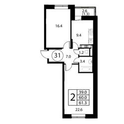 Планировка двухкомнатной(квартира) площадью 61.3 квадратных метров в ЖК “ЖК Космос”