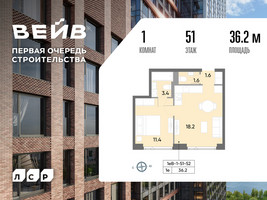 Планировка однокомнатной(квартира) площадью 36.4 квадратных метров в “ЖК Вейв”