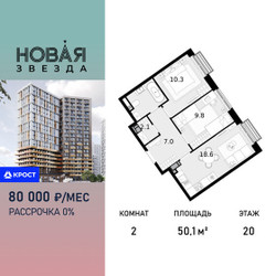 Планировка двухкомнатной(квартира) площадью 50.1 квадратных метров в ЖК “ЖК Новая Звезда (Газопровод)”