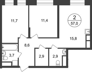 Планировка двухкомнатной(квартира) площадью 57 квадратных метров в ЖК “ЖК Первый Московский”