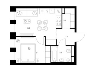 Планировка однокомнатной(квартира) площадью 34.9 квадратных метров в ЖК “ЖК Строгино 360”