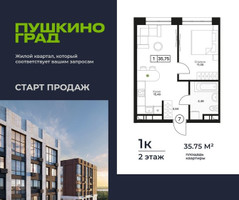 Планировка однокомнатной(квартира) площадью 35.75 квадратных метров в “ЖК Пушкино Град”