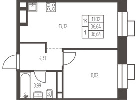 Планировка однокомнатной(квартира) площадью 36.6 квадратных метров в “ЖК Новая Ивантеевка”