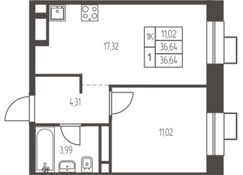 Планировка однокомнатной(квартира) площадью 36.6 квадратных метров в ЖК “ЖК Новая Ивантеевка”