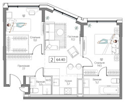 Планировка двухкомнатной(квартира) площадью 64 квадратных метров в “ЖК Дрим Рива”