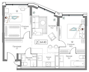 Планировка двухкомнатной(квартира) площадью 64 квадратных метров в ЖК “ЖК Дрим Рива”