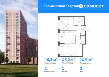 Планировка двухкомнатной(квартира) площадью 49.3 квадратных метров в ЖК “ЖК Космический Квартал”