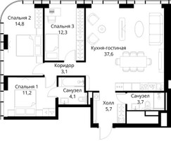 Планировка трехкомнатной(квартира) площадью 92.5 квадратных метров в “ЖК Сити Бэй”