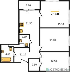 Планировка трехкомнатной(квартира) площадью 76.6 квадратных метров в ЖК “ЖК Sydney City (Сидней Сити)”