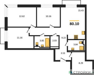 Планировка трехкомнатной(квартира) площадью 80.1 квадратных метров в ЖК “ЖК Квартал Герцена”