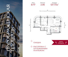 Планировка трехкомнатной(квартира) площадью 127.75 квадратных метров в “ЖК Преображенская Площадь”