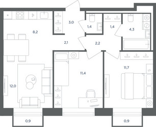 Планировка трехкомнатной(квартира) площадью 58.3 квадратных метров в ЖК “ЖК Равновесие”