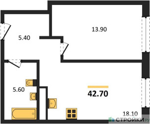 Планировка однокомнатной(квартира) площадью 42.7 квадратных метров в ЖК “ЖК Сиреневый парк”