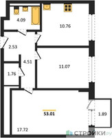 Планировка двухкомнатной(квартира) площадью 53.01 квадратных метров в “ЖК Новое Видное”