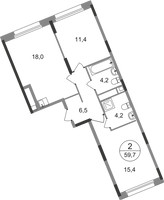 Планировка двухкомнатной(квартира) площадью 59.7 квадратных метров в “ЖК Переделкино Ближнее”
