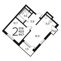 Планировка двухкомнатной(квартира) площадью 44.7 квадратных метров в “Новые Ватутинки. Заречный”