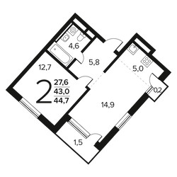 Планировка двухкомнатной(квартира) площадью 44.7 квадратных метров в ЖК “Новые Ватутинки. Заречный”