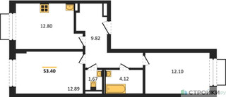 Планировка двухкомнатной(квартира) площадью 53.4 квадратных метров в “ЖК Квартал Домашний”