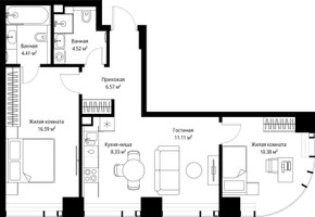 Планировка двухкомнатной(квартира) площадью 61.91 квадратных метров в “ЖК Веер”