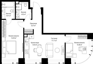 Планировка двухкомнатной(квартира) площадью 61.91 квадратных метров в ЖК “ЖК Веер”