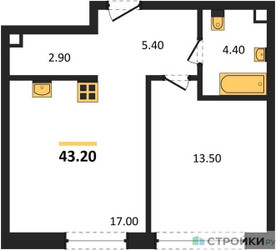 Планировка однокомнатной(квартира) площадью 43.2 квадратных метров в ЖК “ЖК Шагал”