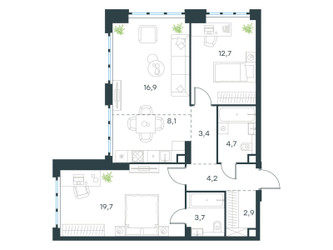 Планировка трехкомнатной(квартира) площадью 76.3 квадратных метров в ЖК “ЖК Левел Южнопортовая”