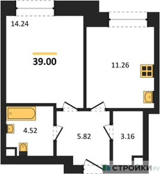 Планировка однокомнатной(квартира) площадью 39 квадратных метров в ЖК “ЖК Sezar City (Сезар Сити)”