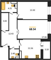 Планировка двухкомнатной(квартира) площадью 68.54 квадратных метров в “ЖК Преображенская Площадь”