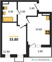 Планировка однокомнатной(квартира) площадью 33.8 квадратных метров в “ЖК Прокшино”