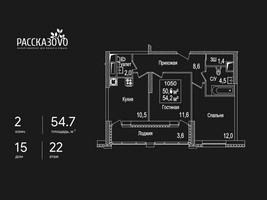 Планировка двухкомнатной(квартира) площадью 54.7 квадратных метров в “ЖК Рассказово”