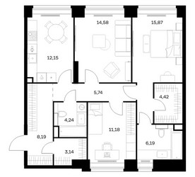 Планировка трехкомнатной(квартира) площадью 85.7 квадратных метров в ЖК “ЖК НОВА”
