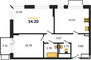 Планировка двухкомнатной(квартира) площадью 54.2 квадратных метров в “ЖК Квартал Марьино”